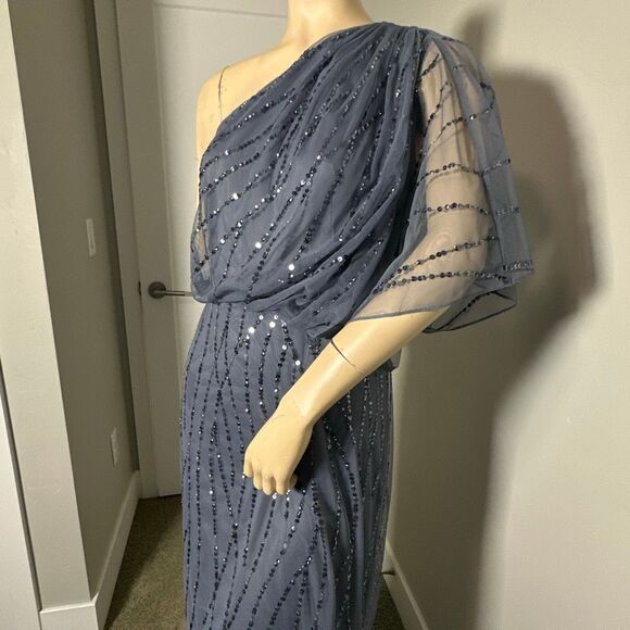 Adrianna Papell Sequined One-Shoulder Gown - Picture 8 of 14